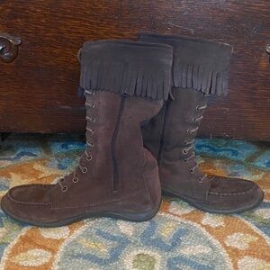LL Bean Brown Suede Fringe Lace-Up Boots